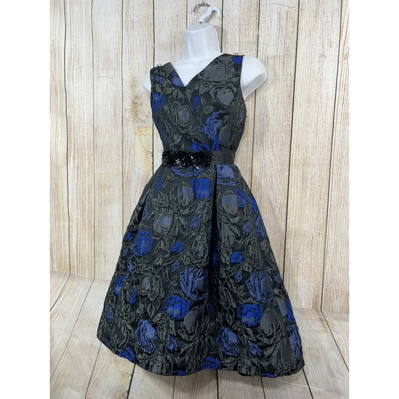 Teri Jon Rickie Freeman Jacquard Dress 10 Black Blue Floral Fit Flare  Regency - mordernwear.com